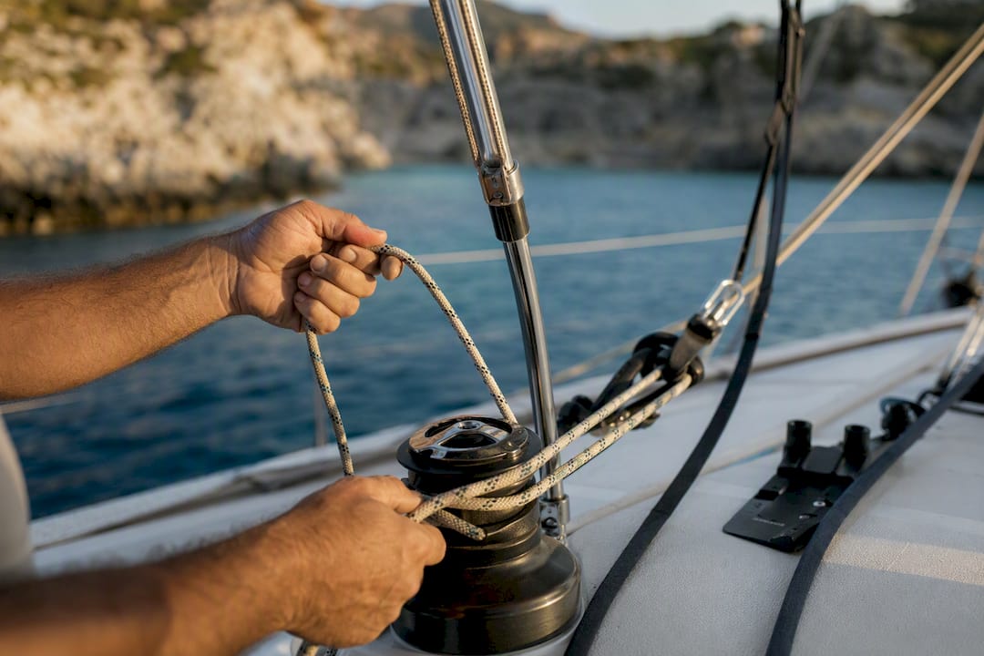 Skipper adjusting ropes on sailing boat near Kelyfos cove