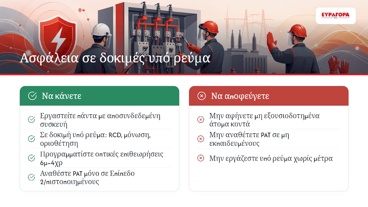 Ασφάλεια εργασίας και πρωτόκολλα για live testing ή εργασία υπό ρεύμα — overview diagram