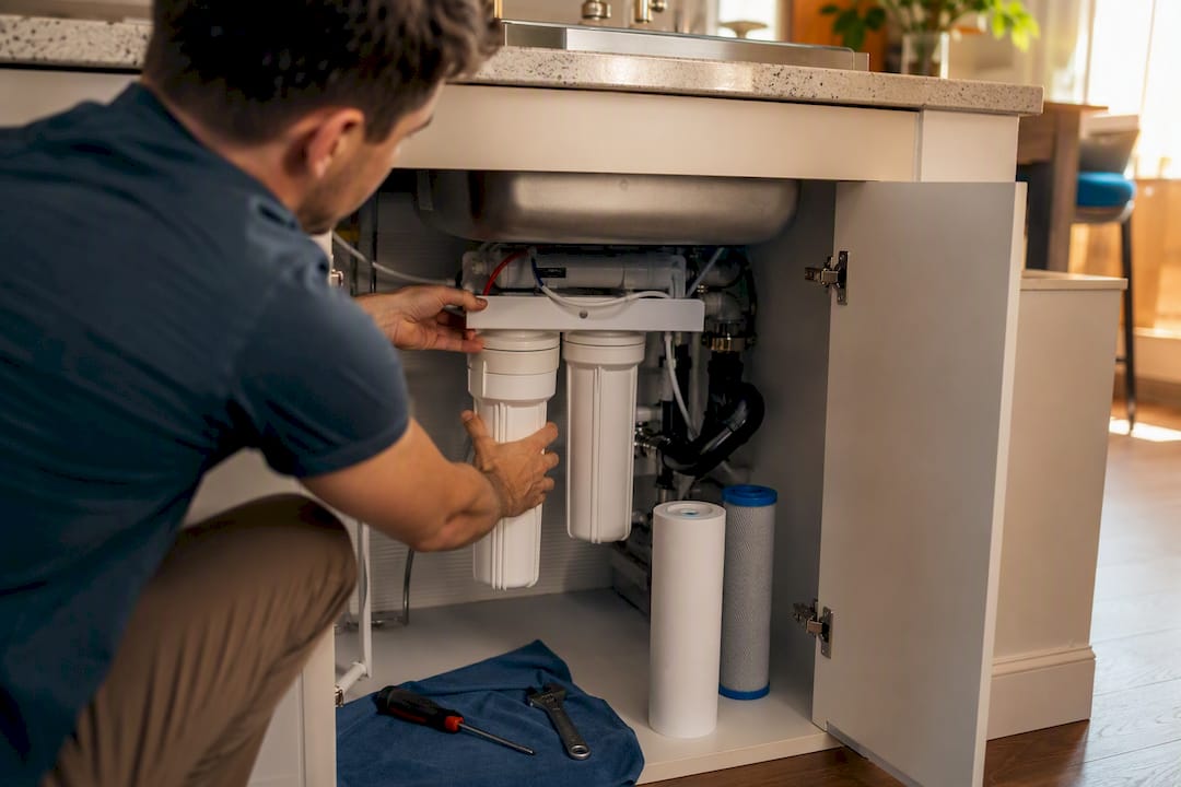 Hands replacing reverse osmosis filter under sink