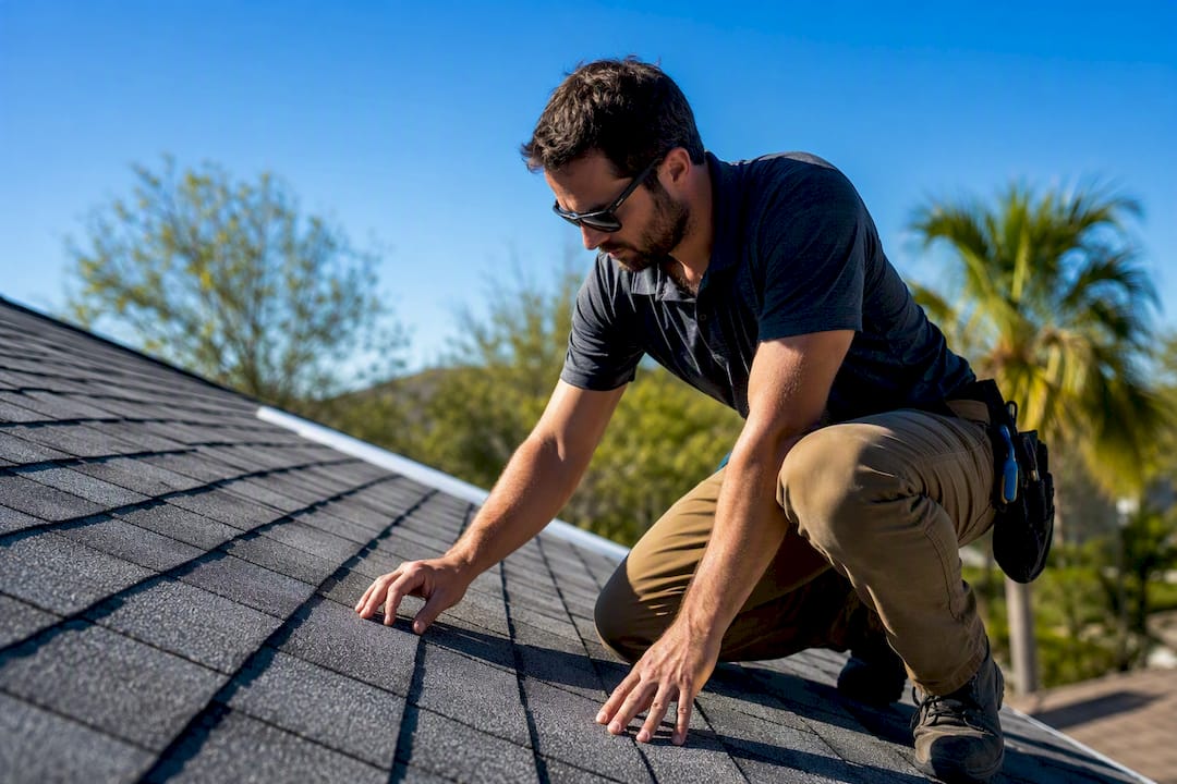 Solar installer measuring roof angle on residential roof