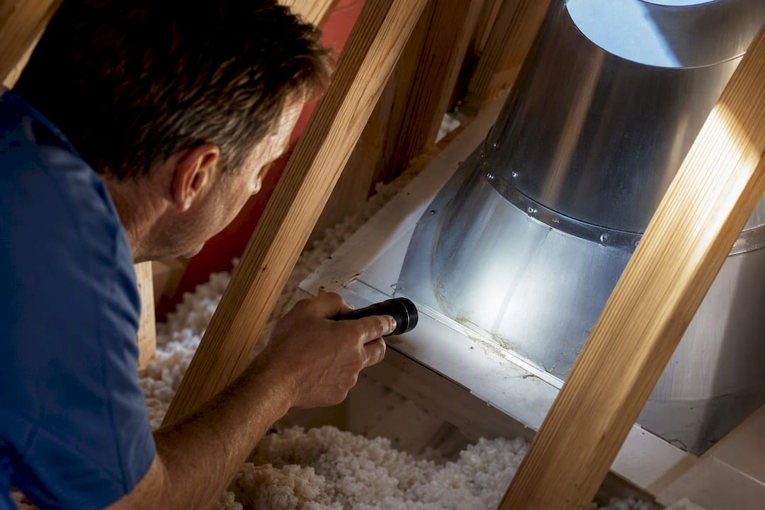 Homeowner inspecting attic flashing with flashlight