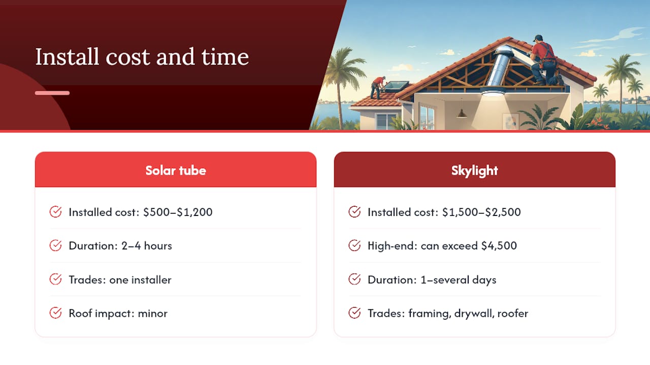 Solar tube versus skylight cost and timeline comparison