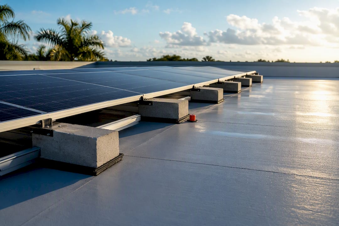 Flat roof solar racking on membrane roof
