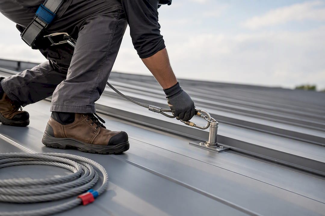 Installer using fall protection on metal roof