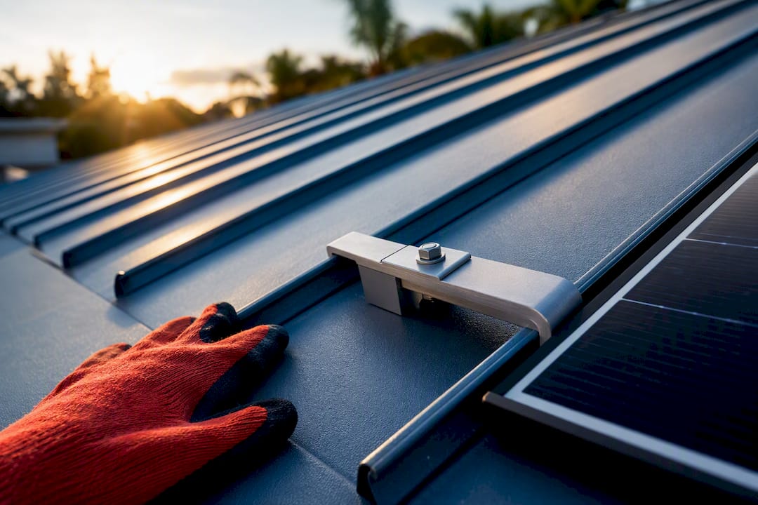 Standing seam clamp gripping metal roof seam