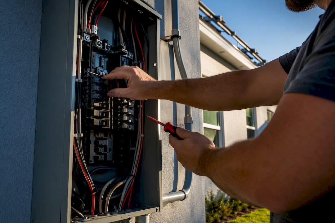 Electrician inspecting a residential solar service panel