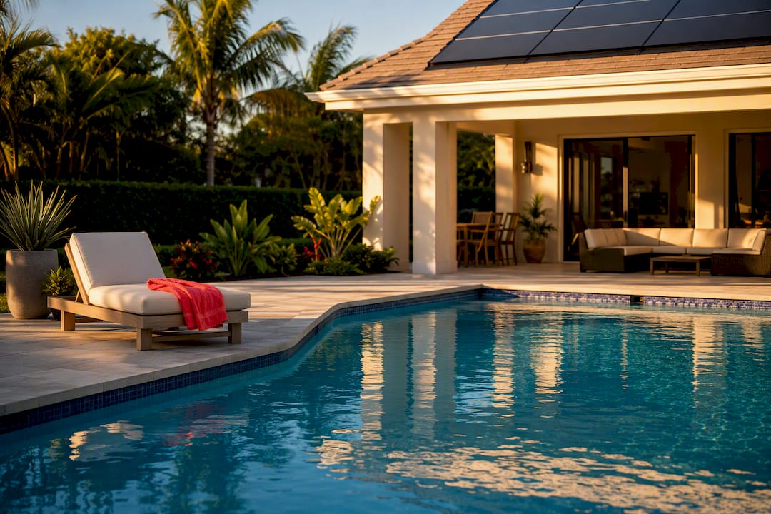 Florida pool beside rooftop solar heating collectors