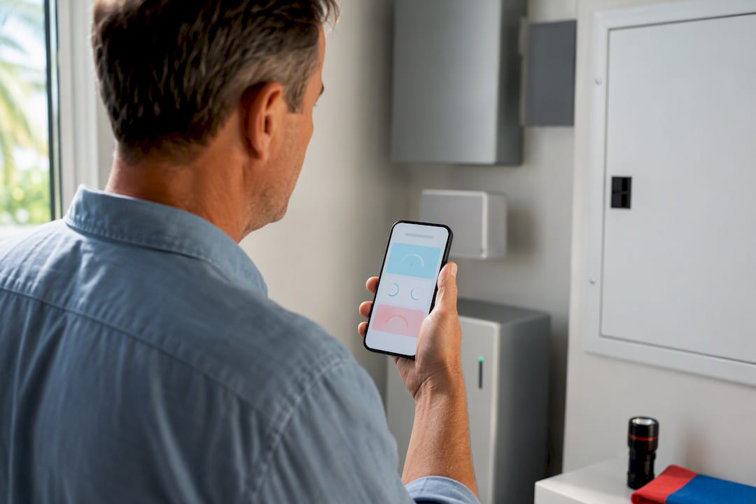 Homeowner checking solar battery health app