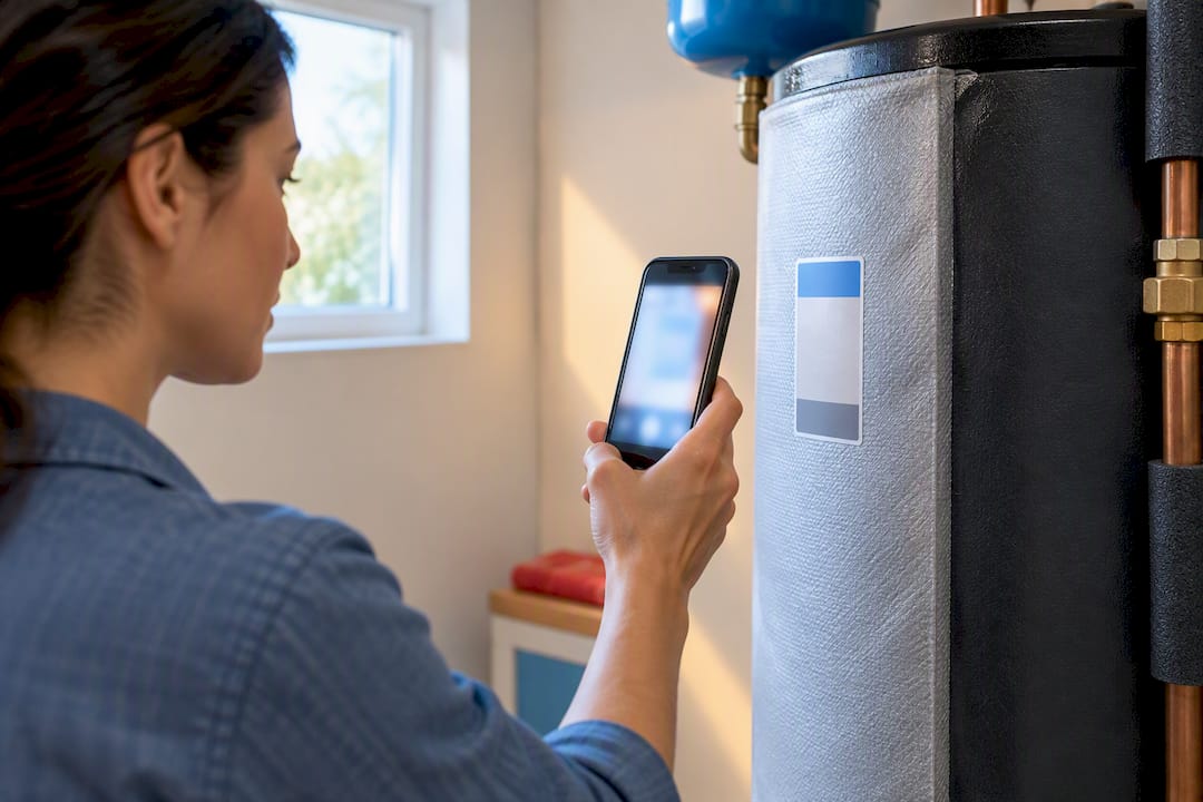 Homeowner photographing heater certification sticker