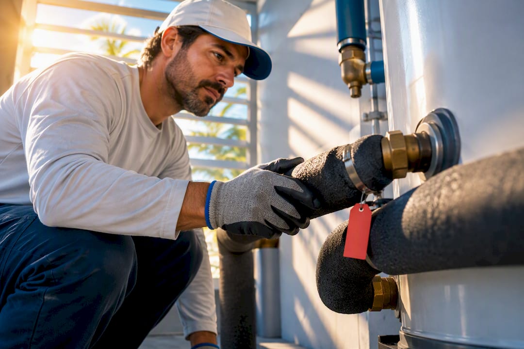 Technician inspecting solar water heater connections