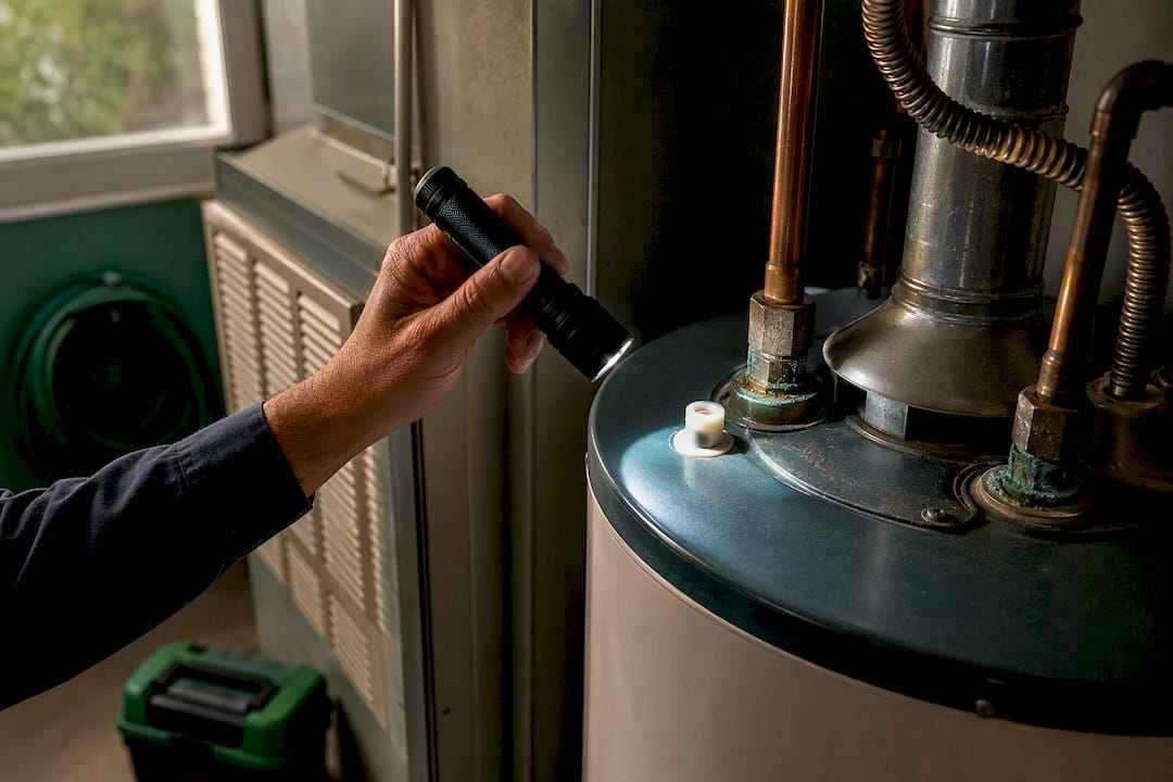 Inspector checking water heater and HVAC equipment