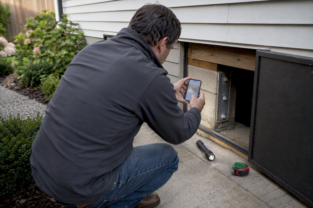 Homeowner photographing crawlspace foundation details