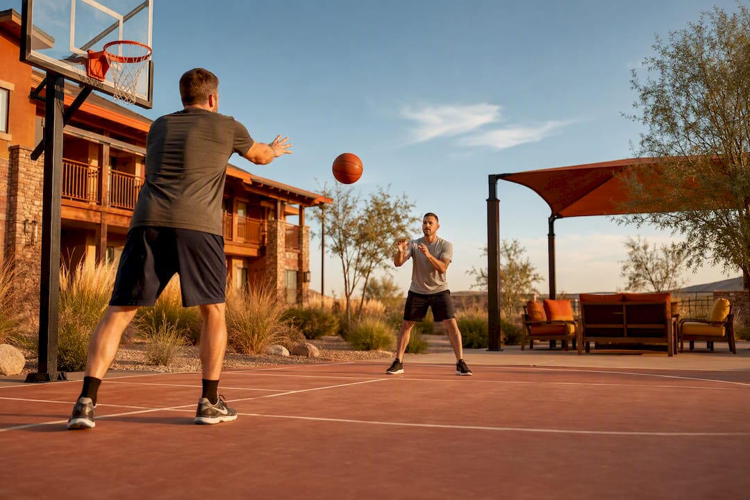 Workers sharing a basketball court