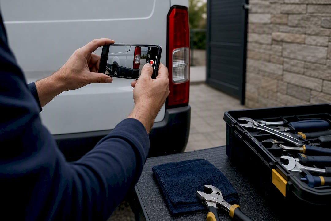 Plumber filming van and tools for verification