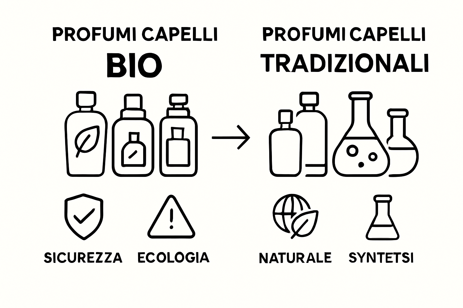Infographic comparing bio and traditional hair perfumes with icons for safety, eco-impact, and ingredients