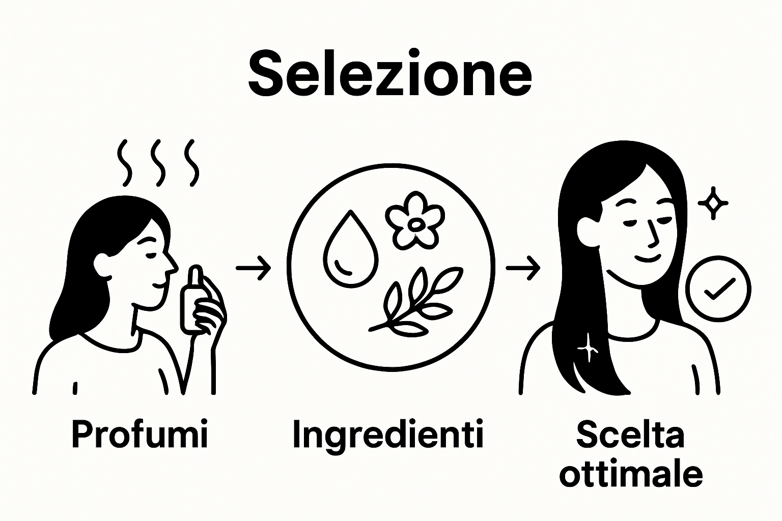 Three-step illustration: testing, comparing ingredients, final ideal hair perfume choice.