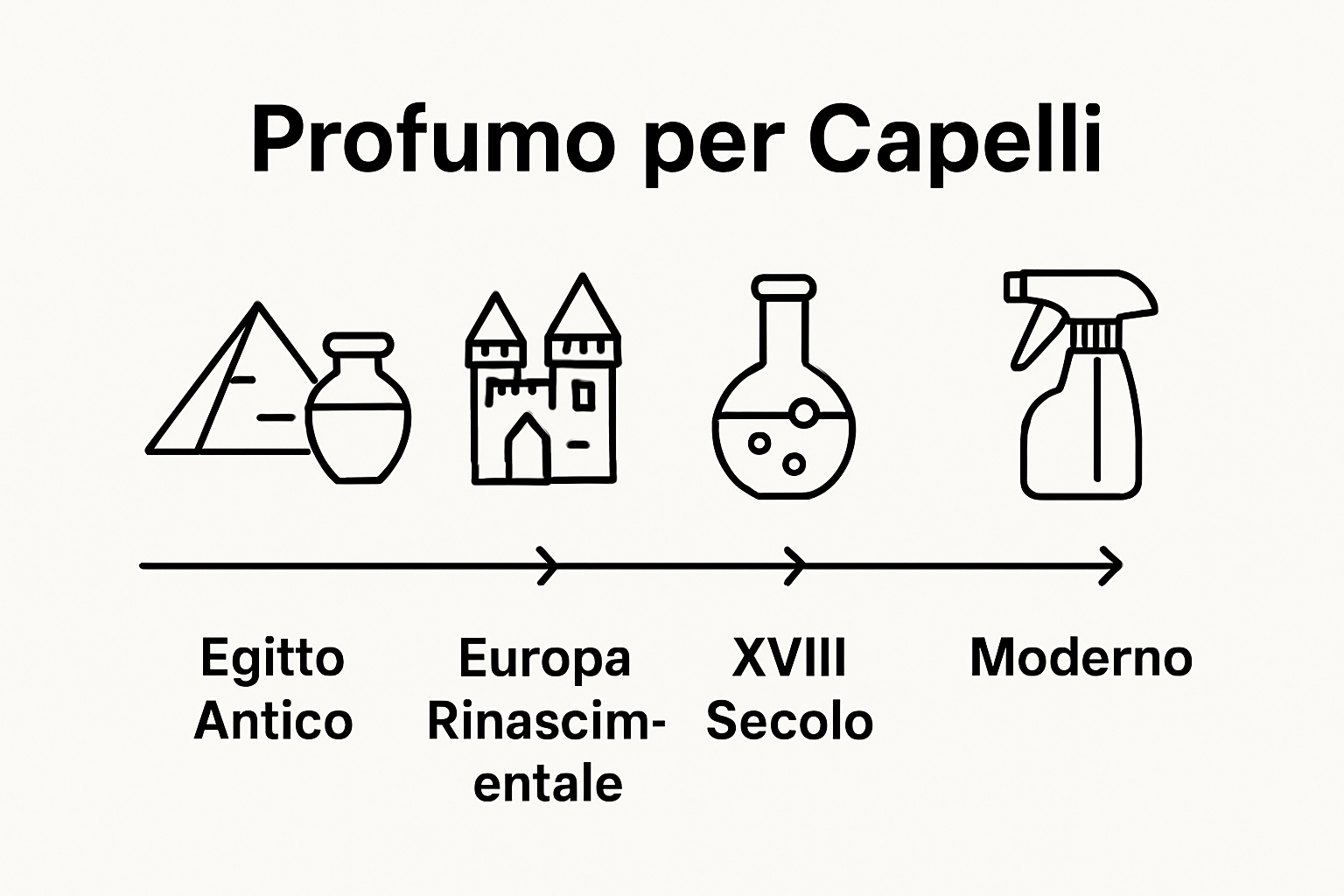Timeline showing evolution of hair perfume: Egypt, Renaissance, 18th century, modern day.