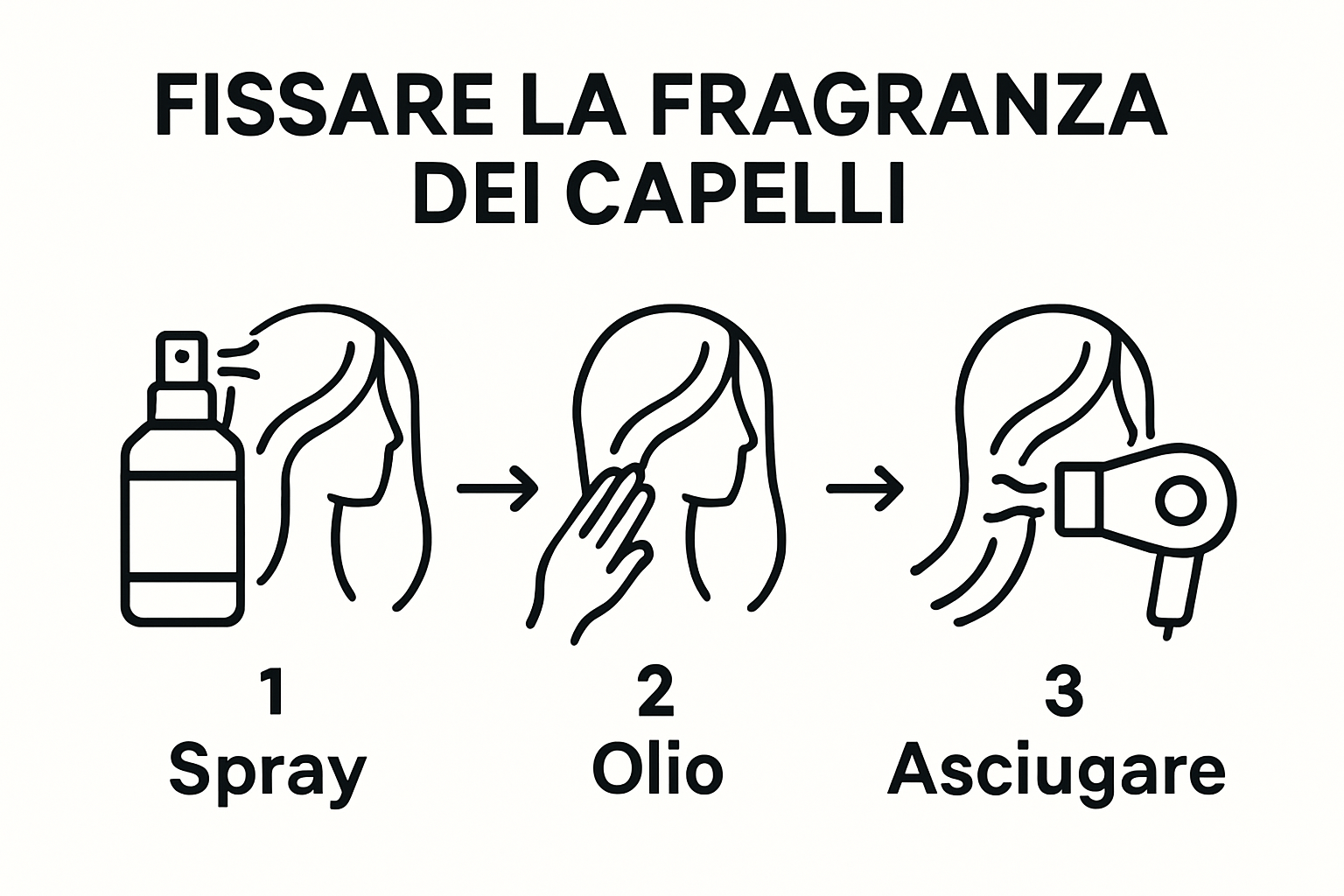 Three-step sequence: spraying perfume, applying oil, drying hair.