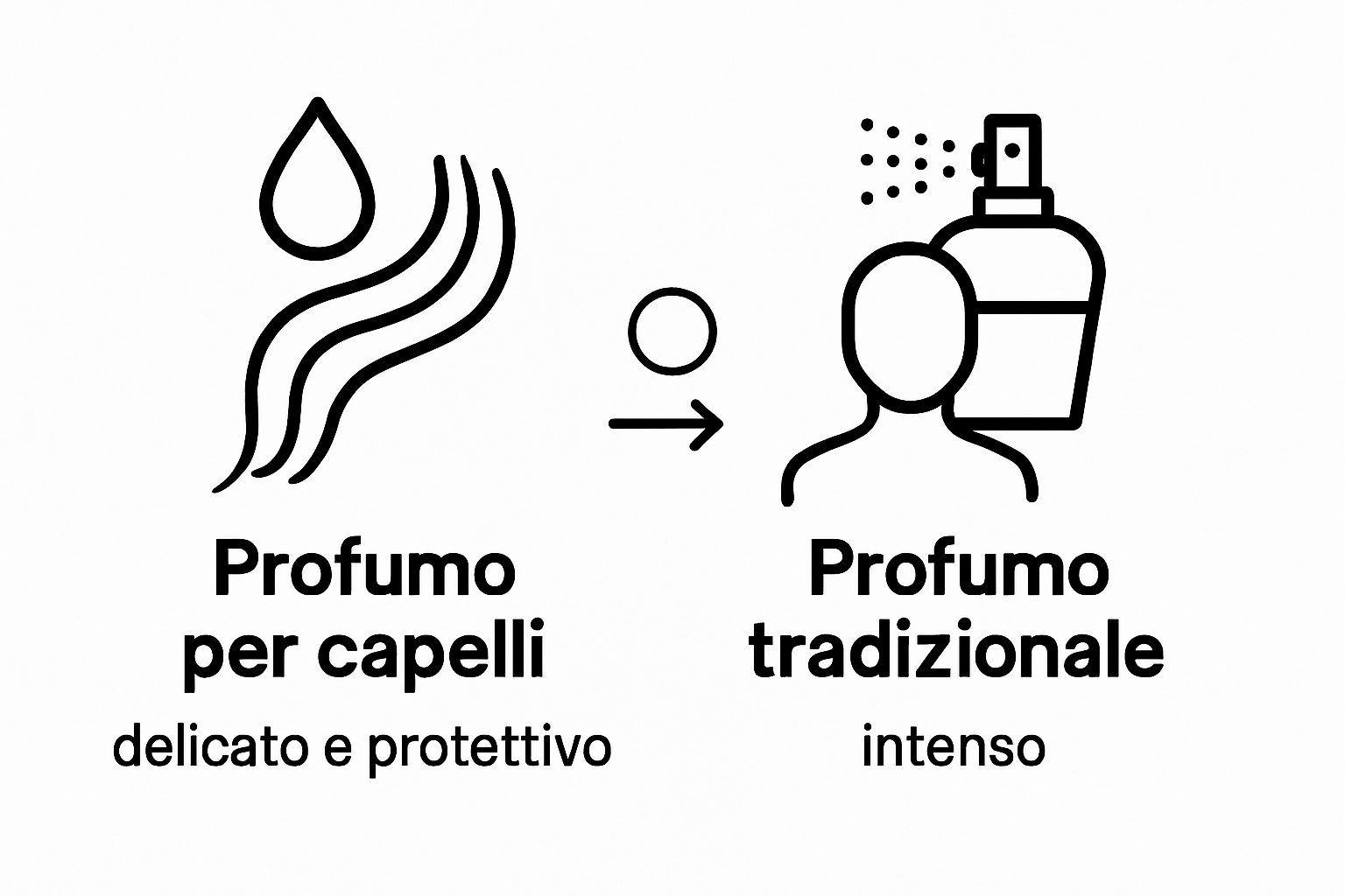 Comparison of hair perfume and traditional perfume with icons for use and effect