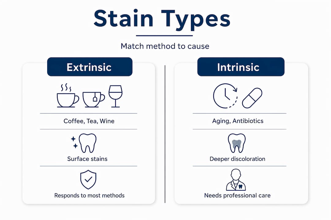Infographic comparing extrinsic vs intrinsic tooth stains
