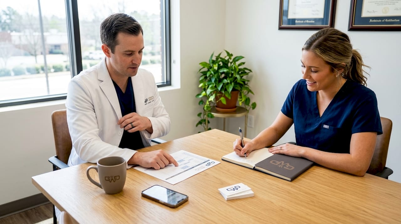 Dental staff review appointment schedule together