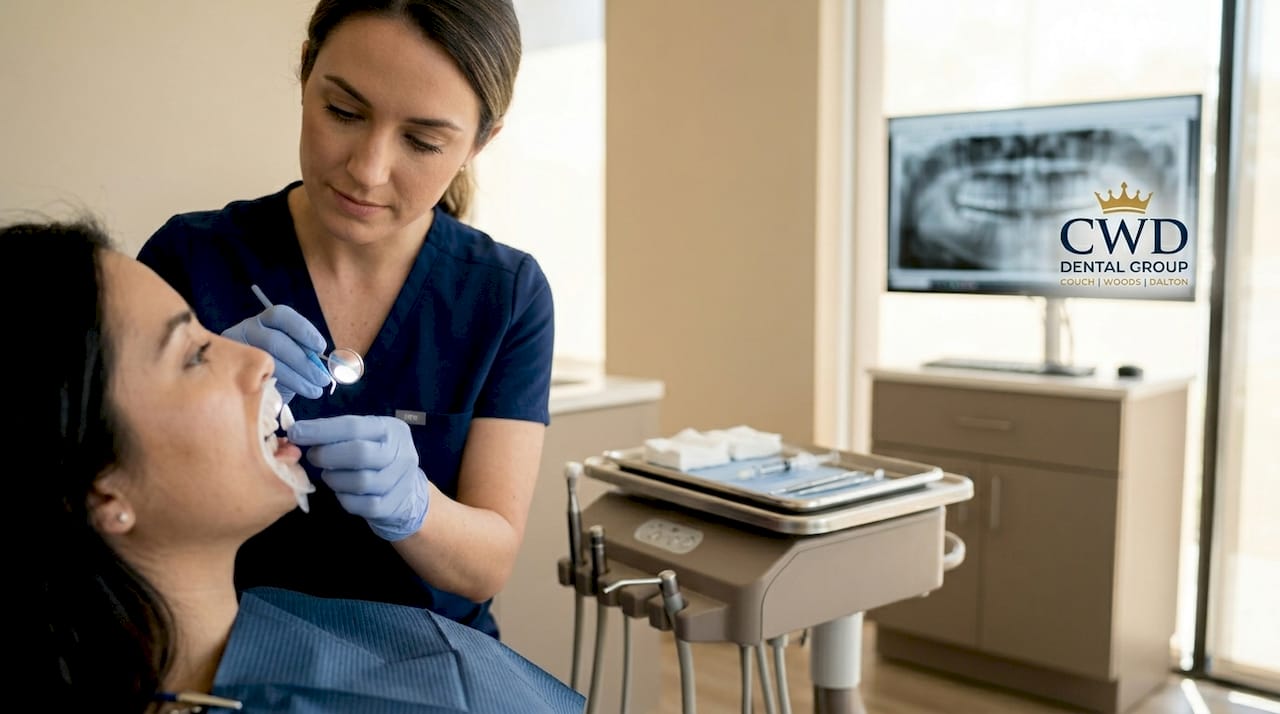 Dentist applying porcelain veneer to upper tooth
