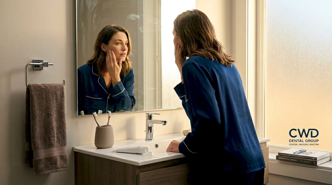 Person checking dental pain in bathroom mirror