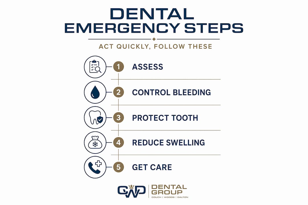 Infographic showing steps for dental emergency first aid