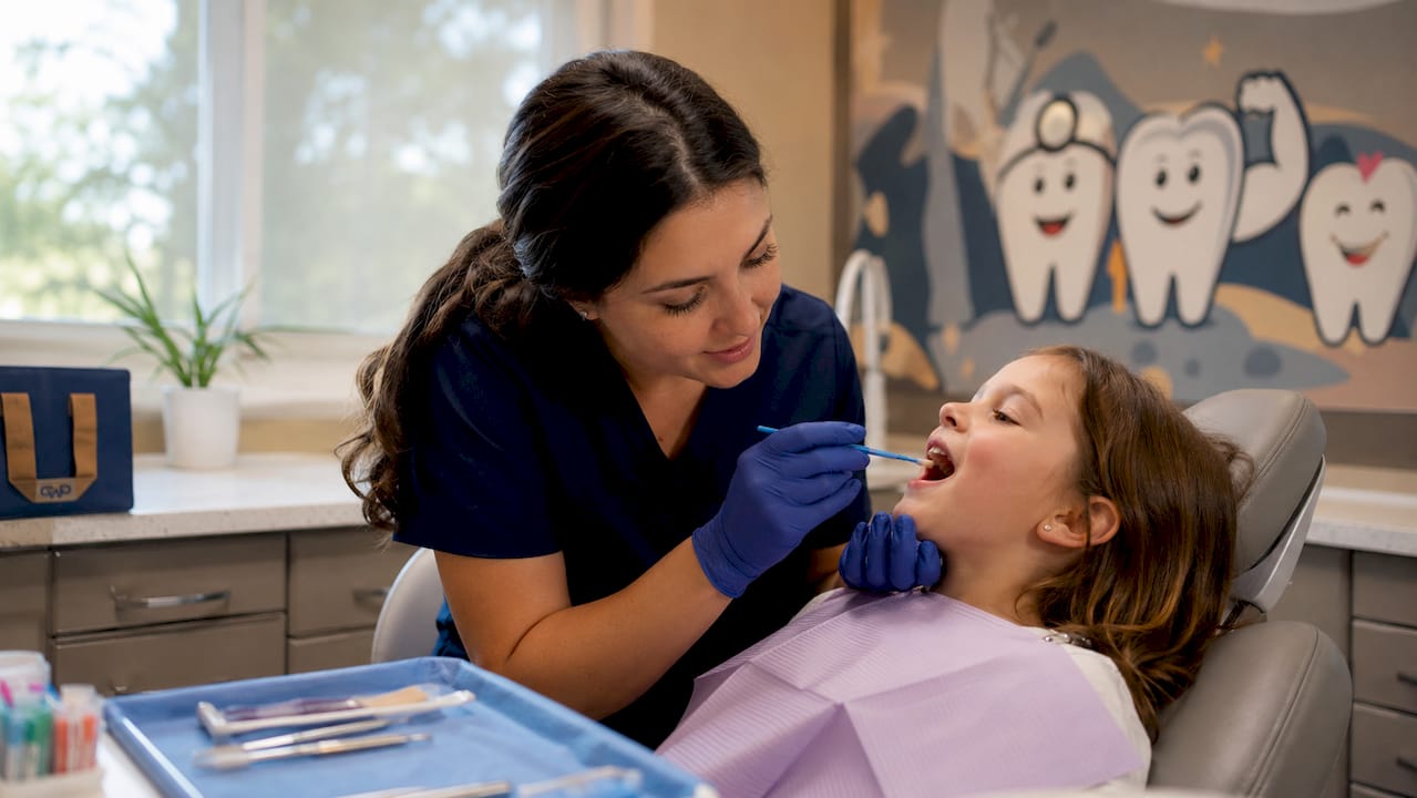 Dental hygienist applying fluoride varnish