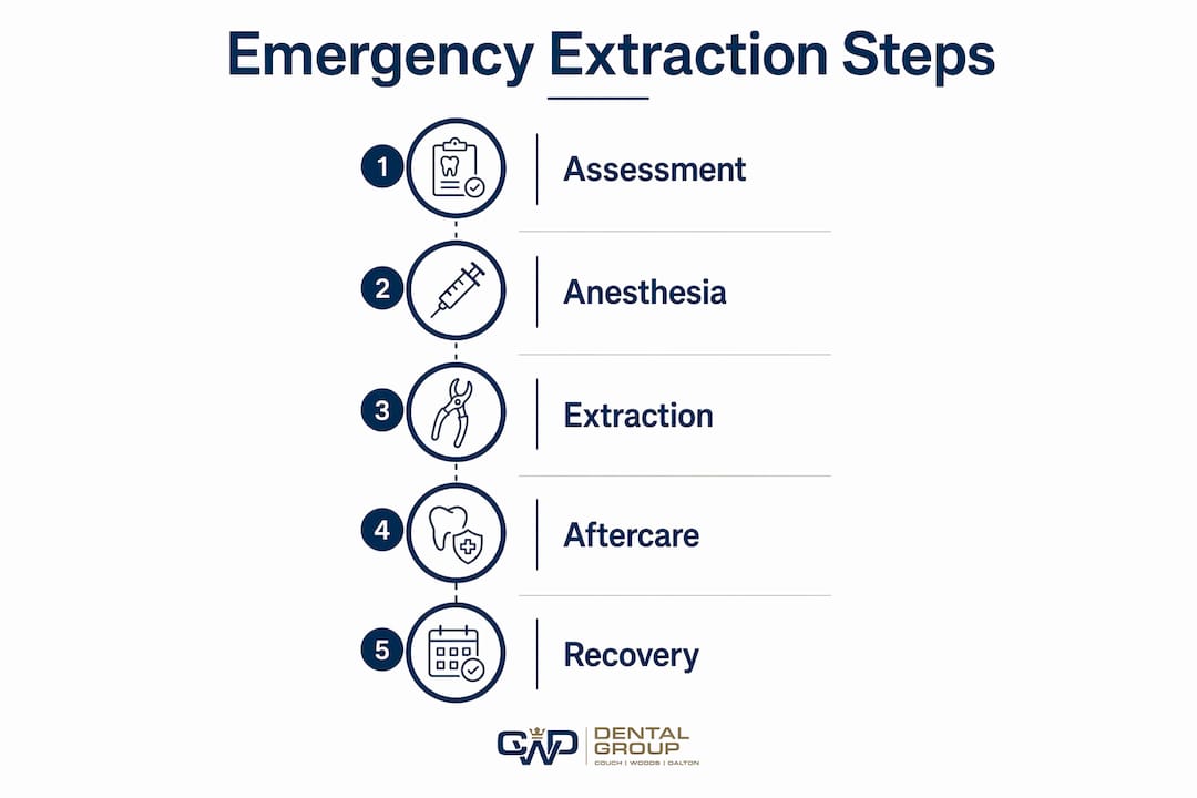 Infographic illustrating emergency tooth extraction steps