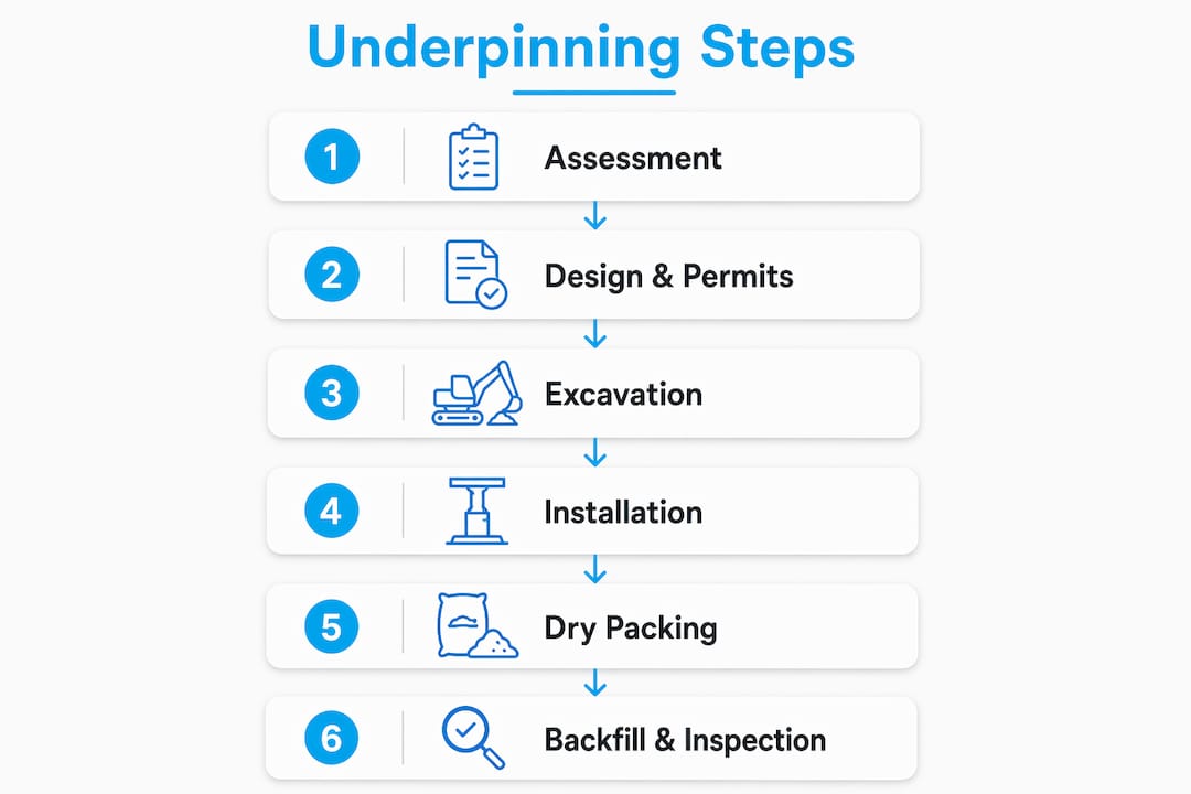 Infographic illustrating foundation underpinning steps