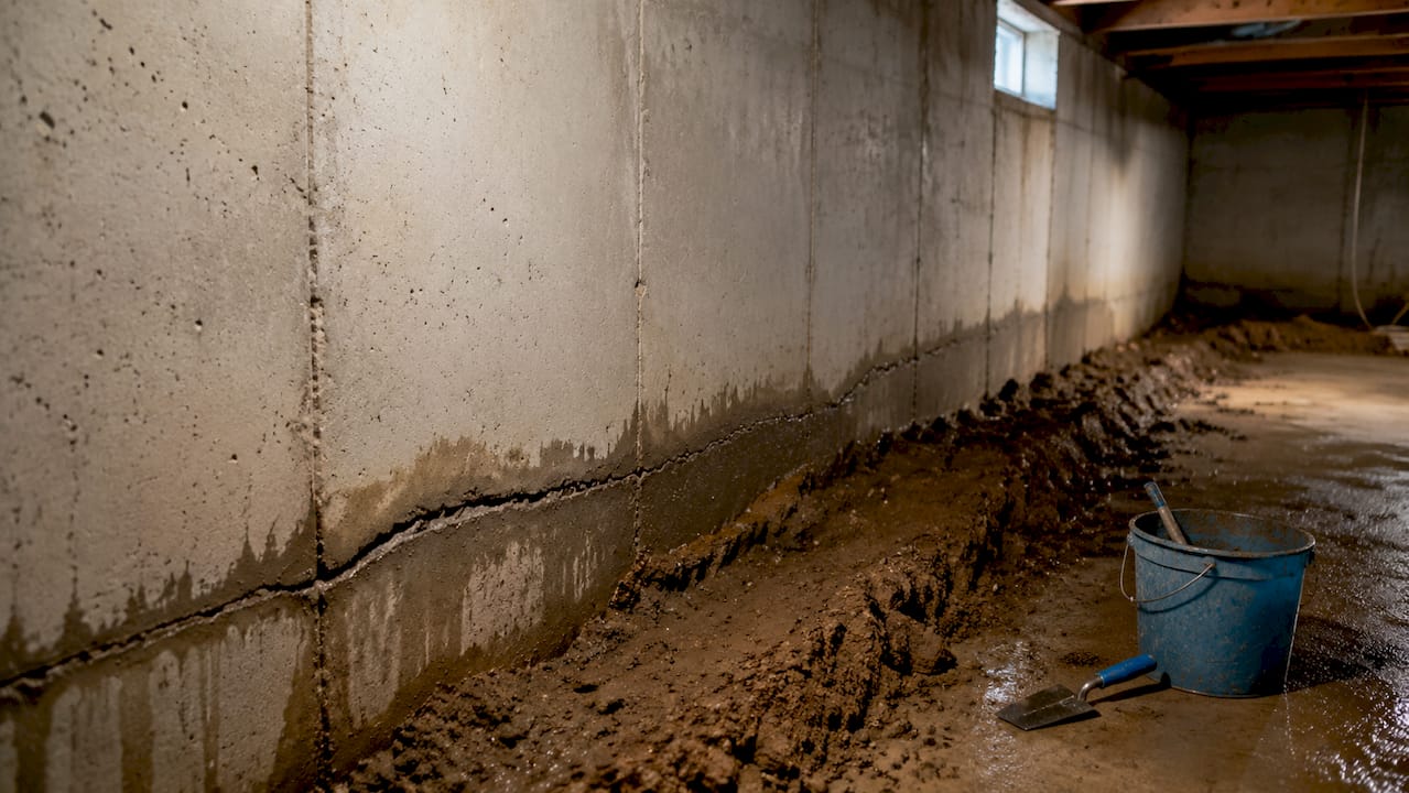 Wet basement wall with cracks and soil pressure