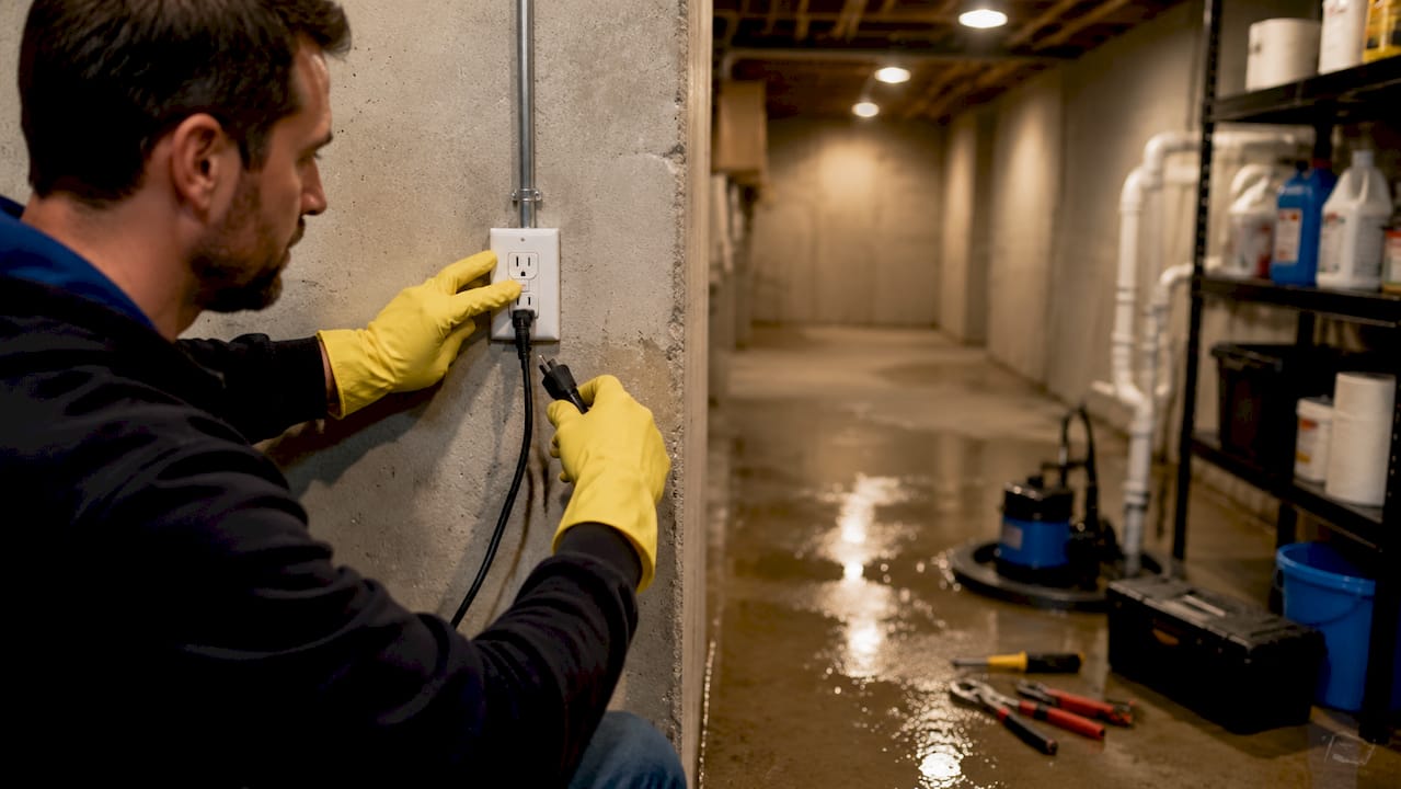 Hands performing sump pump electrical safety test