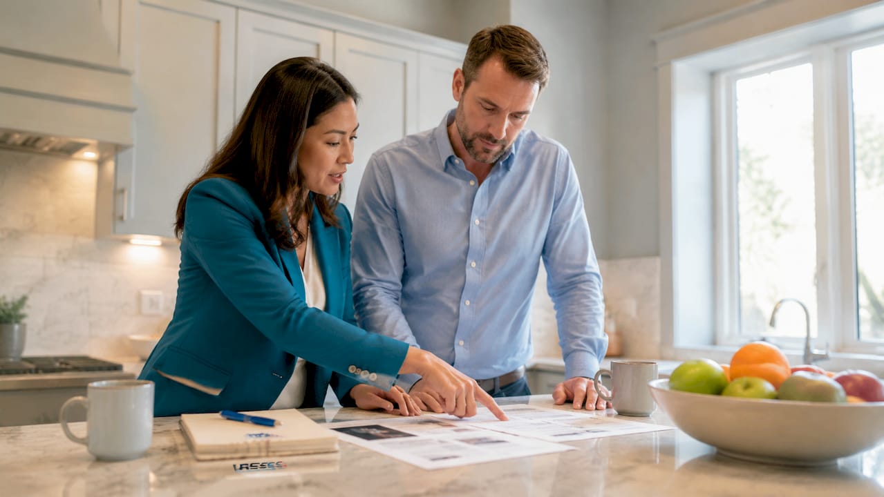 Agents reviewing repair reports in living room