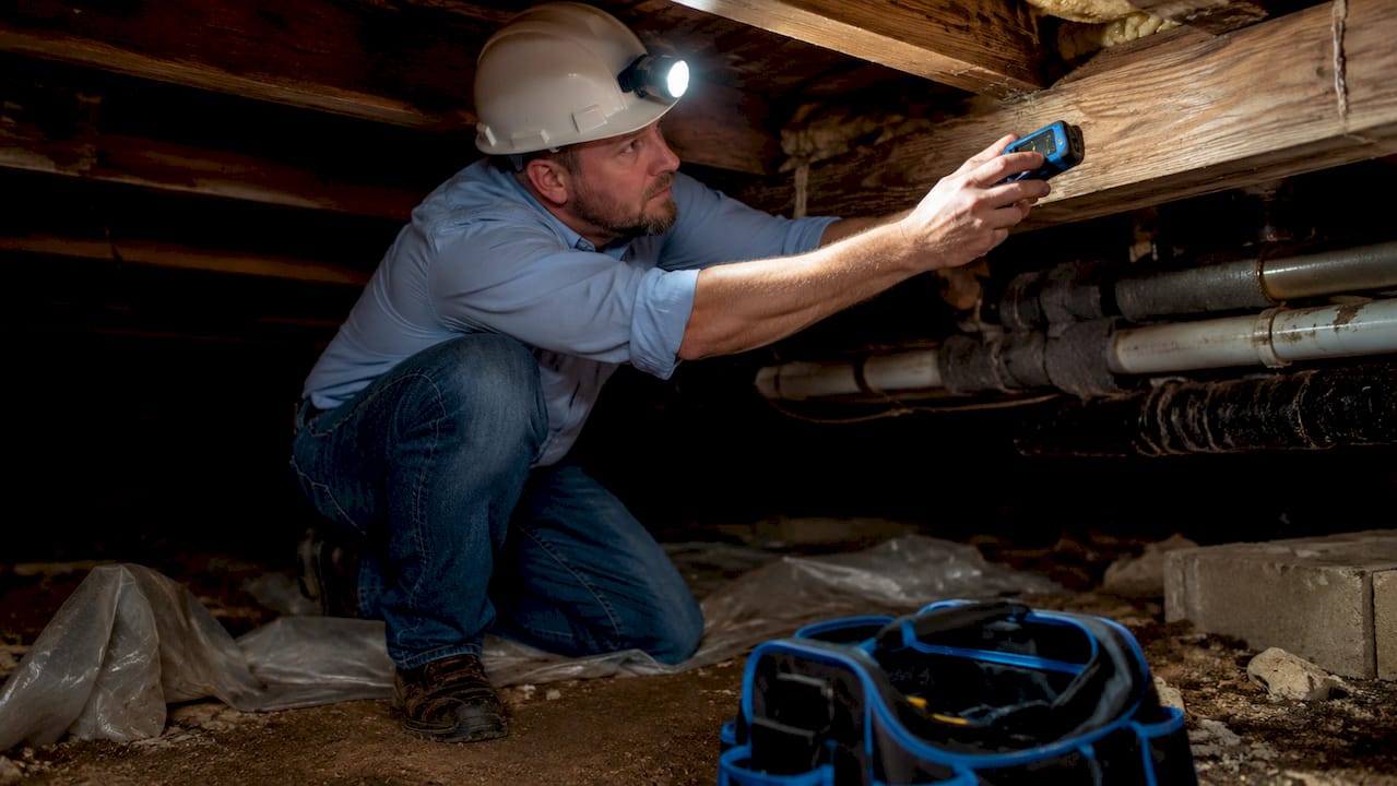 Inspector measuring moisture in crawl space