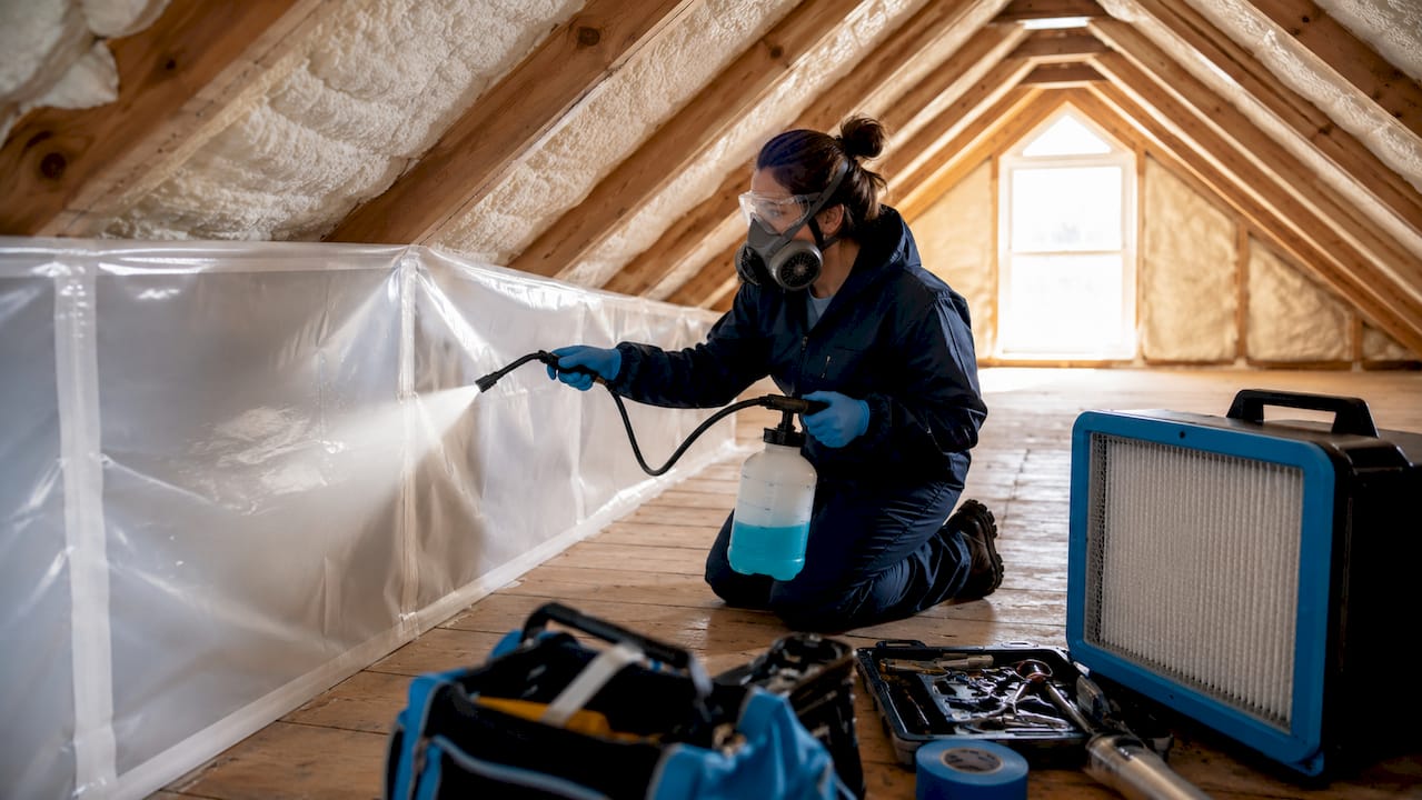 Technician spraying antimicrobial on containment barrier