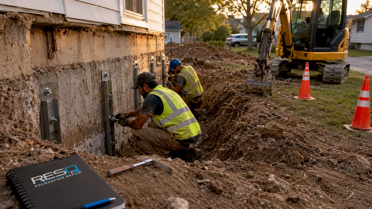 Workers installing wall anchors during foundation excavation