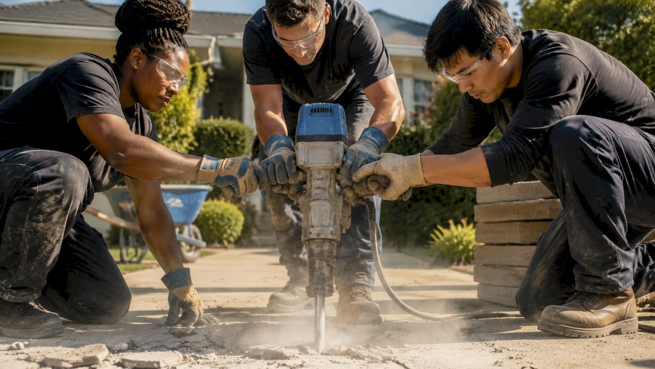 Concrete replacement crew working on driveway removal