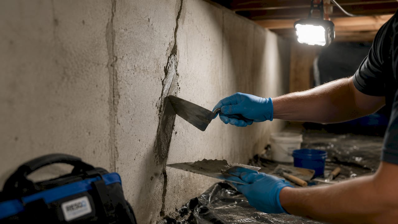 Close-up of hands applying hydraulic cement to basement wall crack