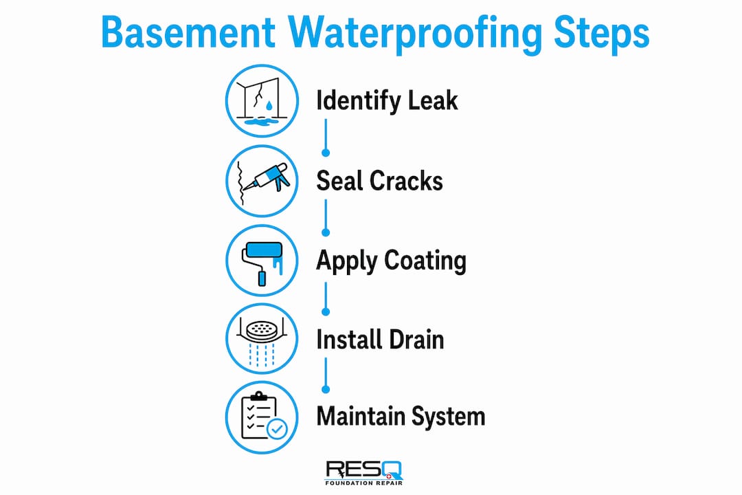Infographic illustrating steps for basement waterproofing