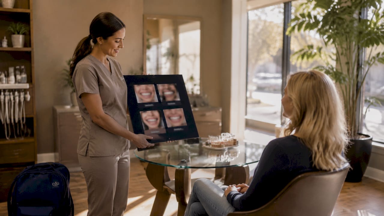 Dental assistant showing before and after photos