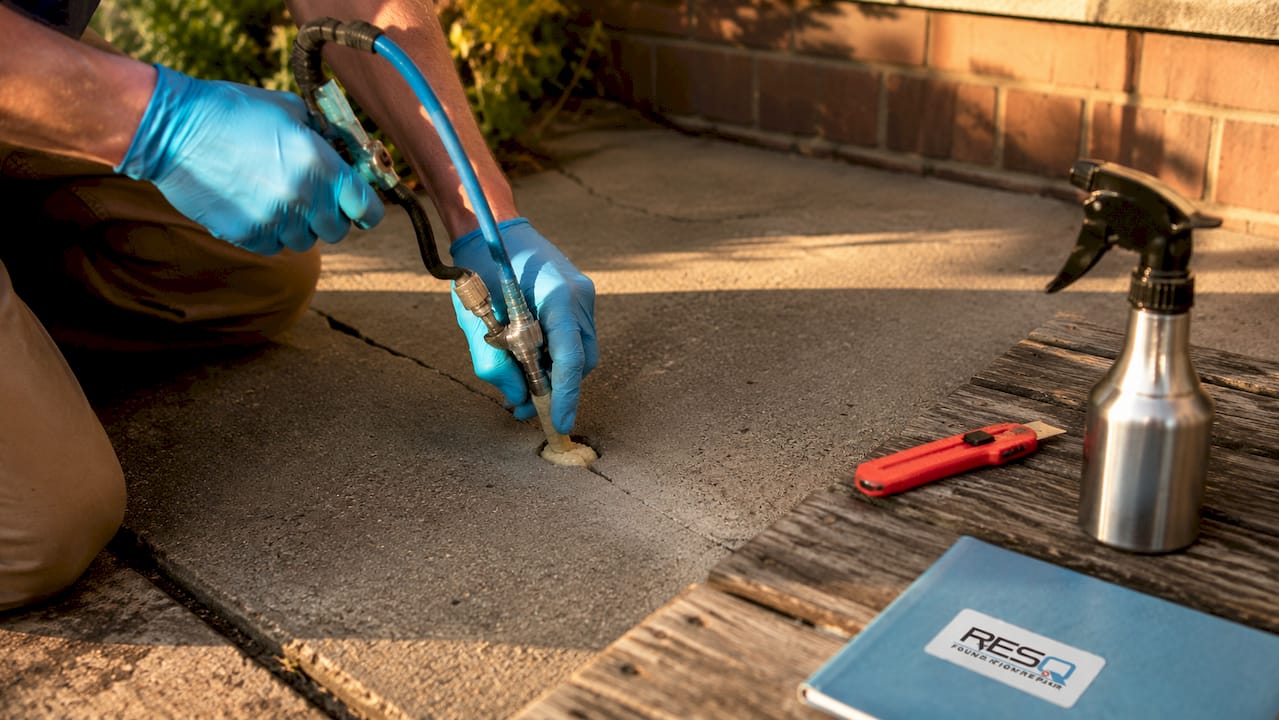 Close-up of hands injecting foam into concrete slab