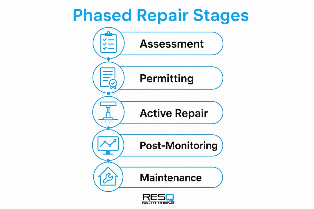 Infographic depicting phased foundation repair stages