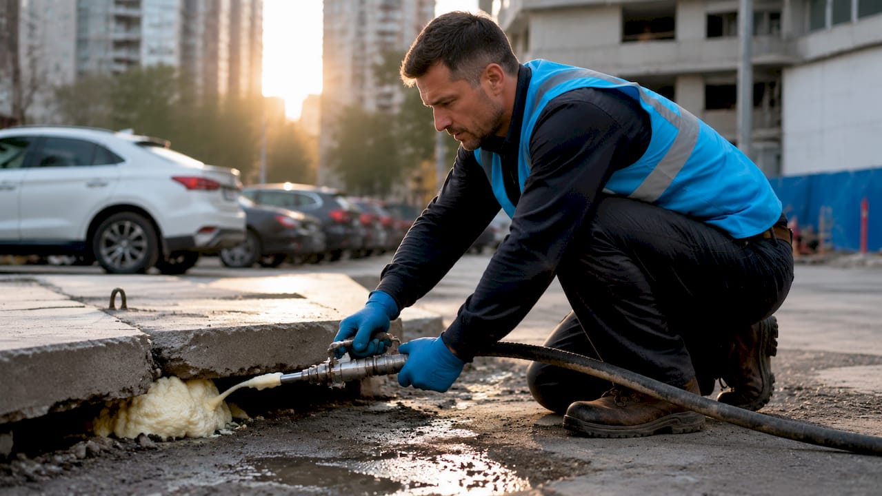 Technician injecting polyurethane foam under slab