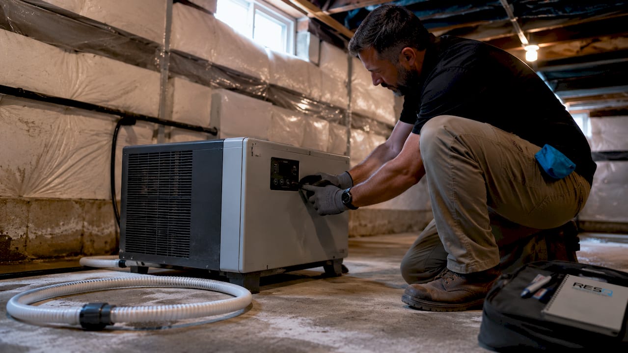 Hands adjusting crawl space dehumidifier controls