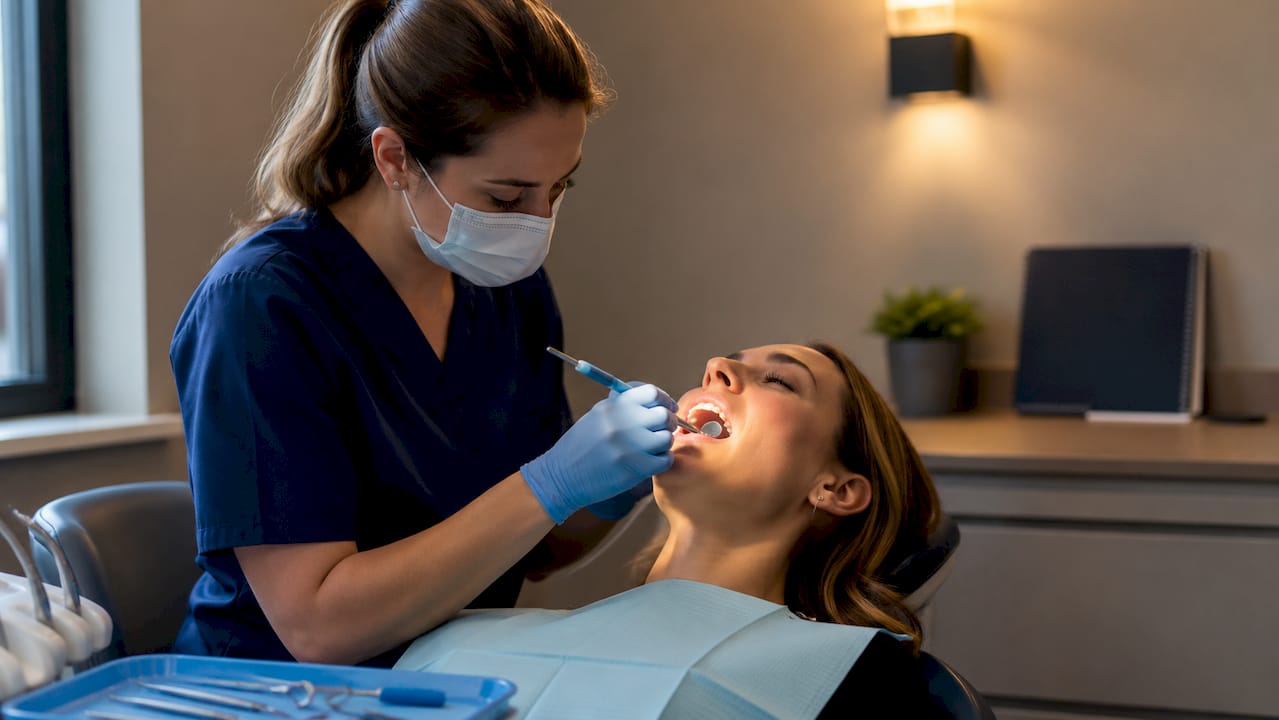 Dental hygienist cleaning patient’s teeth