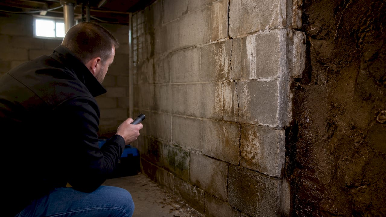 Cracked basement wall with water and saturated soil