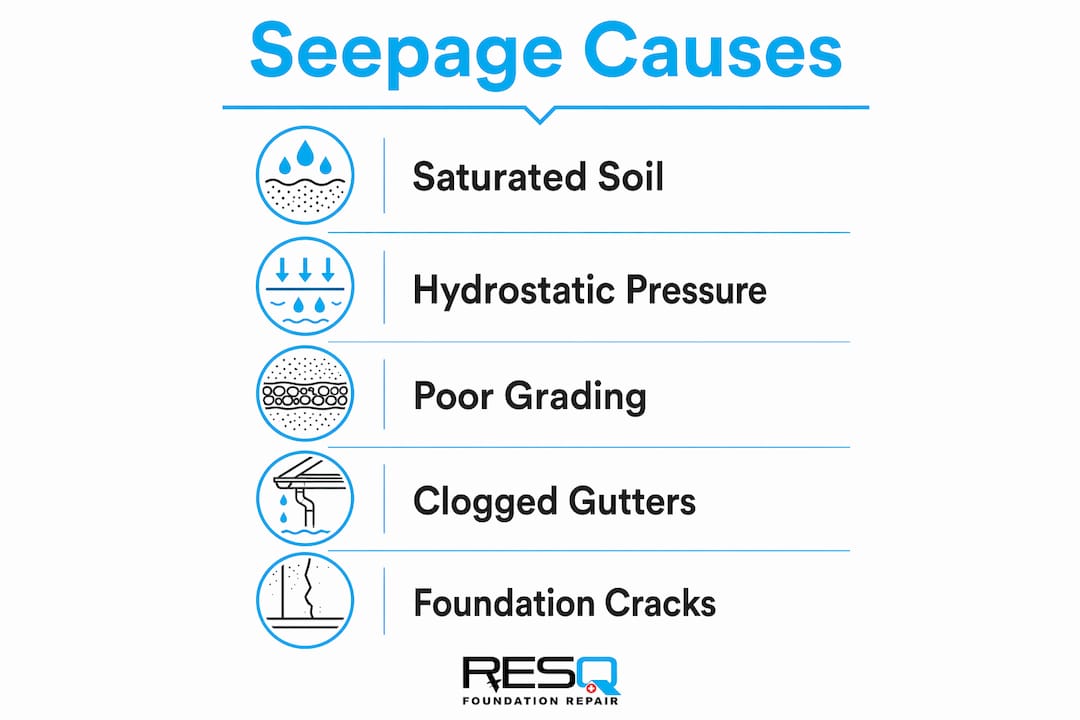 Infographic showing causes of basement water seepage