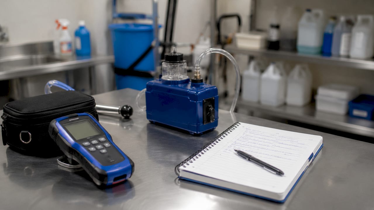 Essential tools for mold assessment on workbench