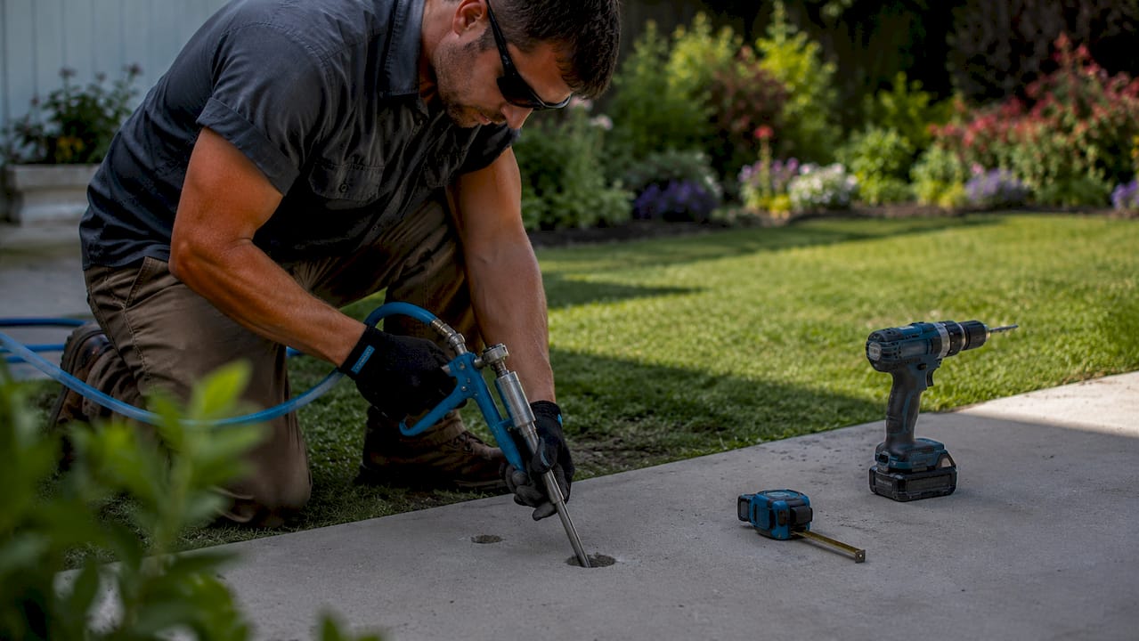 Hands injecting foam into patio hole